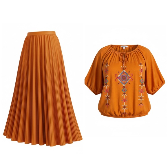 Jessica London Dresses & Skirts - JESSICA LONDON burnt orange 2pc pleated skirt & embroidered shirt set 14/16 XL